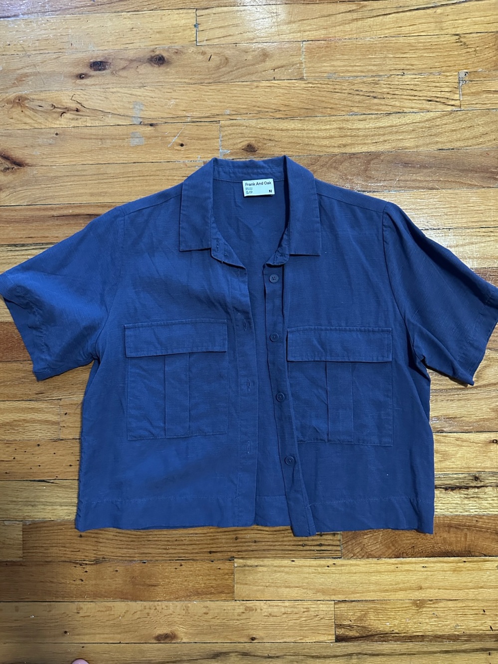 Frank And Oak Navy Blue Short-Sleeve Boxy Cropped Button Shirt